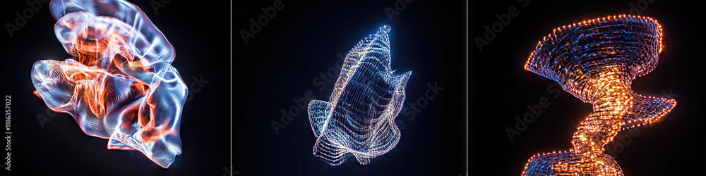 Poster three abstract luminous mesh forms