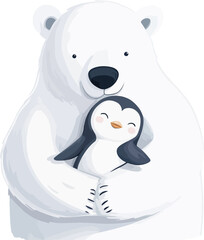 Tiny Penguin And Cute Polar Bear Cartoon. Vector Illustration.