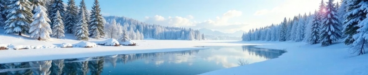 Fototapeta premium Icy lake with a frozen shoreline and snow-covered trees, winter, cold