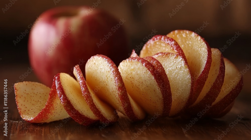 Poster freshly cut red apple slices arranged in a spiral pattern with whole apple in background on wooden s