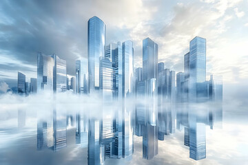 Obraz premium Gleaming silver skyscrapers piercing through low-hanging clouds in a futuristic urban skyline during a rainy morning