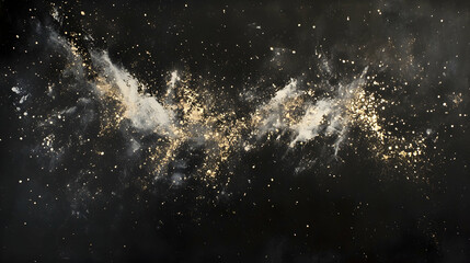 Fototapeta premium Glimmering silver and gold particles merging on a jet-black canvas with subtle starry effects