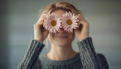 Naklejka premium Playful Female Portrait with Flowers Covering Eyes, Soft Lighting, Cozy Sweater, and Minimal Pastel Background