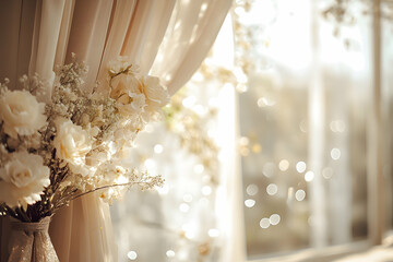 Glittering white light with sparkling bokeh in a serene wedding chapel, delicate floral arrangements and soft drapery enhancing the mood