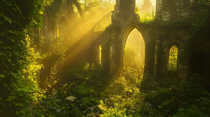 Golden hour light streaming through ivy-covered ruins, illuminating moss-covered stones and wildflowers growing amidst the cracks