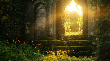 Golden hour light streaming through ivy-covered ruins, illuminating moss-covered stones and wildflowers growing amidst the cracks
