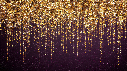 Naklejka premium Golden glitter particles cascading downward over a dark, rich plum background with faint sparkles