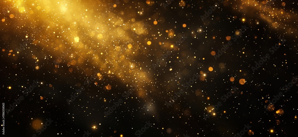 Poster golden glittering particles and light effects creating a magical, ethereal atmosphere in a dark back