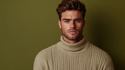 A man with sharp features, wearing a beige sweater and a contemplative expression, against a solid olive green background