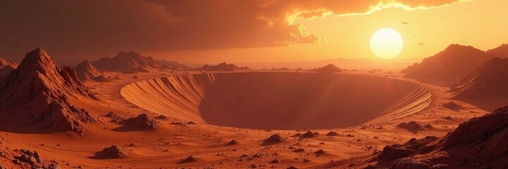 Large crater in the Martian sky with rays of sunlight filtering through, geological formations, crater scene, dust devils