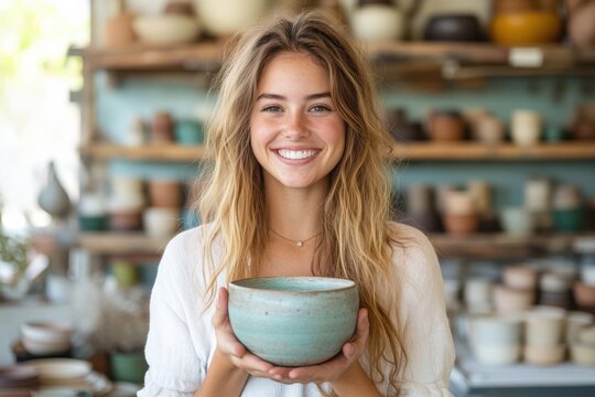 Young woman showcasing a handcrafted ceramic bowl in artisanal pottery shop