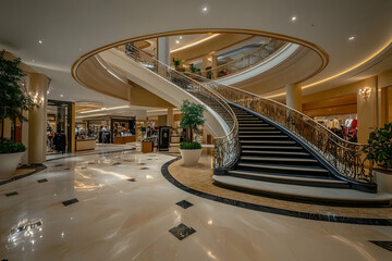 Luxurious retail center with polished granite floors, a grand spiral staircase and elegant designer boutiques surrounded by ambient lighting