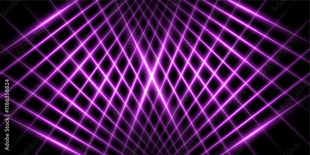 Poster neon purple grid background. pink digital game pattern. magenta perspective backdrop with diagonal l