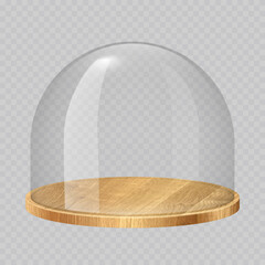 Glass dome with wooden tray. Transparent crystal bell, container, case, cover with round wood plate. Empty product display or showcase. Realistic vector illustration isolated on transparent background © Mariquita vector