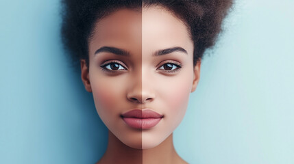 Fototapeta premium Beautiful woman's face split into two halves, one white and one black, symbolizes unity and diversity, celebrating beauty beyond skin color and appearance.