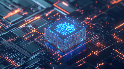 Obraz premium Futuristic AI core embedded within an intricate data network with glowing circuitry and advanced components