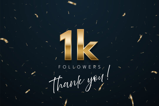 1k followers celebration banner. 3d social media achievement poster. One thousand followers thank you lettering with golden sparkling confetti ribbons on dark blue background. Vector illustration.