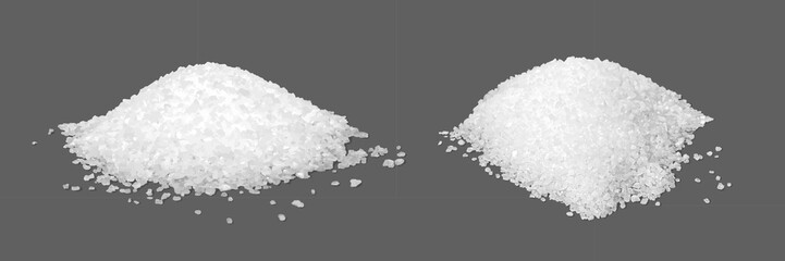 Sea salt piles isolated on transparent background. Heaps of sugar on table. White grain crystals. Natural mineral for cooking, bath, spa. Realistic vector illustration set
