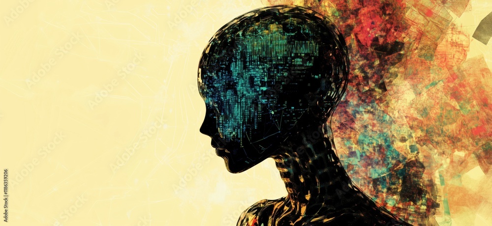 Poster futuristic humanoid silhouette with digital circuitry and abstract background, representing artifici