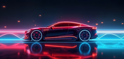 Futuristic electric vehicle with neon glow. Stylish car concept. Modern design features. Dark background. Night scene. Dynamic energy source. Tech innovation. Eco friendly transportation. Abstract