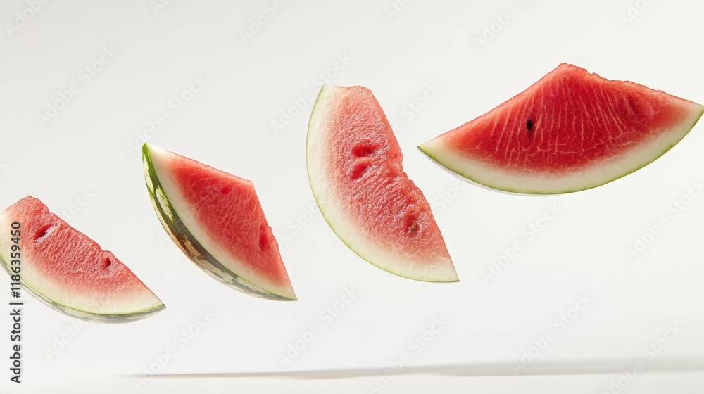 Poster five slices of fresh, ripe red watermelon are levitating against a clean white background, creating 