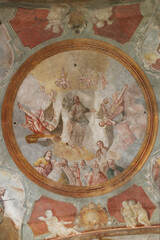 Christ the Lord with the apostles and angels, a fresco in the dome above the sanctuary in the Church of All Saints in Sesvete, Croatia