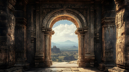 Sacred entrance of a timeworn temple with intricately carved stone archway, weathered by centuries of history, set against a vast landscape