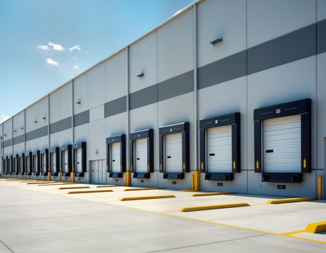 Industrial building exterior shows shipping, receiving area. Closed bay doors line building. Concrete apron provides access to loading docks. Modern commercial structure. Logistics, storage
