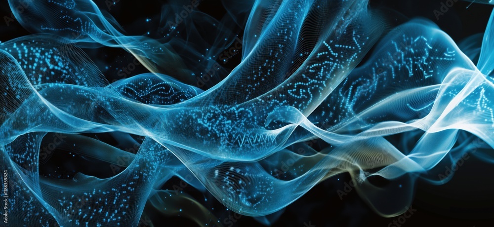 Poster abstract digital waves with glowing particles and fluid motion, representing technology, data visual