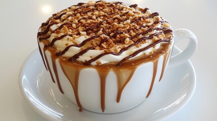 Indulging in a delicious caramel drizzle coffee indoor cozy food photography close-up treat yourself moment
