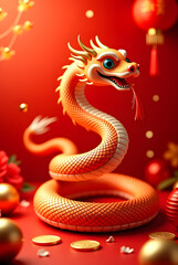 Obraz premium A cute cartoon illustration of a red dragon and green snake symbolizing the Chinese New Year with a sea theme, featuring a dragon, serpent, and fish elements, designed for the Year of the Snake