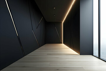 Sleek black panel wall with geometric patterns, contrasting light wood flooring, minimalistic design with soft ambient lighting highlighting the sharp lines