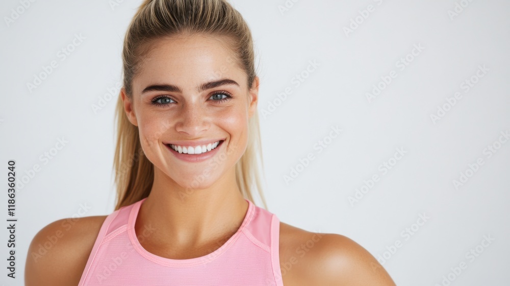 Wall mural Radiant Fitness: A young woman with a bright smile, wearing a pink sports top and her hair in a high ponytail, exudes health and vitality. Her confident expression speaks of fitness, well-being.