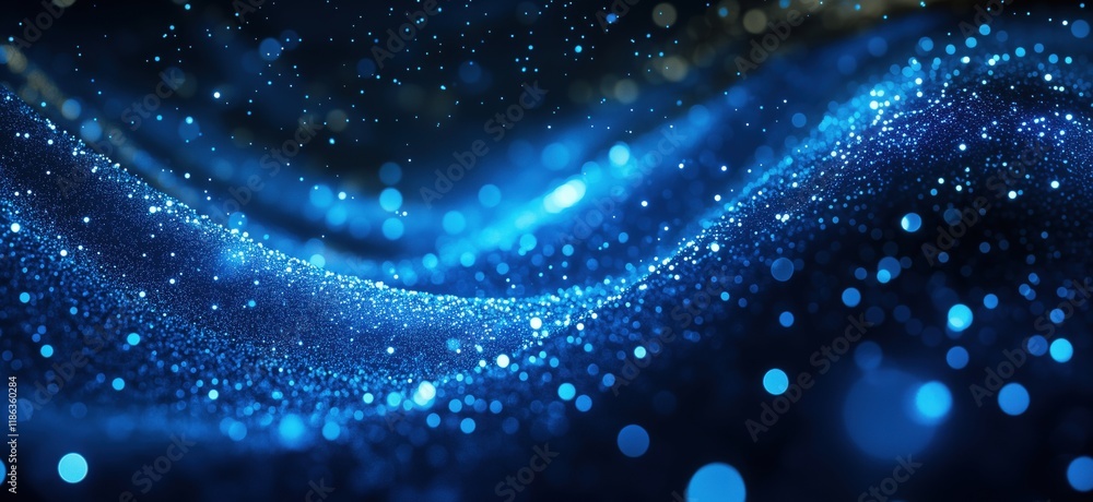 Poster Glowing Blue Particles Creating Ethereal Wave Patterns in Dark Background, Captivating Light Effects and Depth, copy space for text