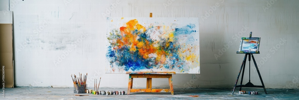 Poster artistic workspace featuring colorful paint palette brushes and an easel surrounded by creative expr