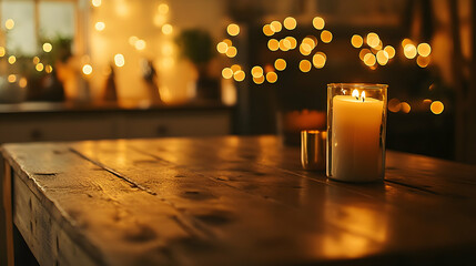 Soft golden shimmer with blurred bokeh inside a rustic farmhouse kitchen, wooden textures and warm candlelight glow