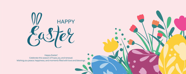 Happy Easter background with colorful eggs and spring flowers. Cute decoration with lettering for banner, card, poster. Vector illustration.