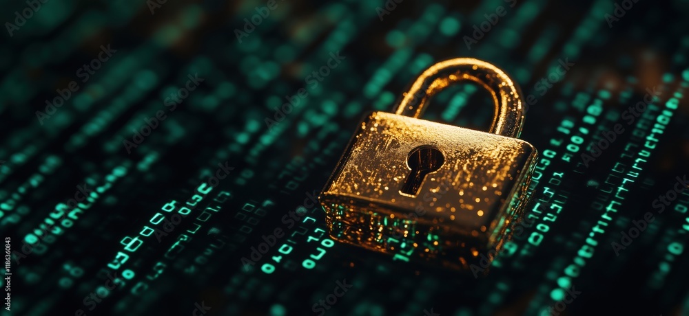 Poster golden padlock symbolizing cybersecurity and data protection amidst digital binary code background, 