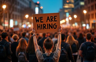 Person holds sign saying Hiring. Large crowd surrounds. Possible job fair protest. City setting. Evening. Opportunity for employment. Hiring event in public place. Seeking talent. Open positions