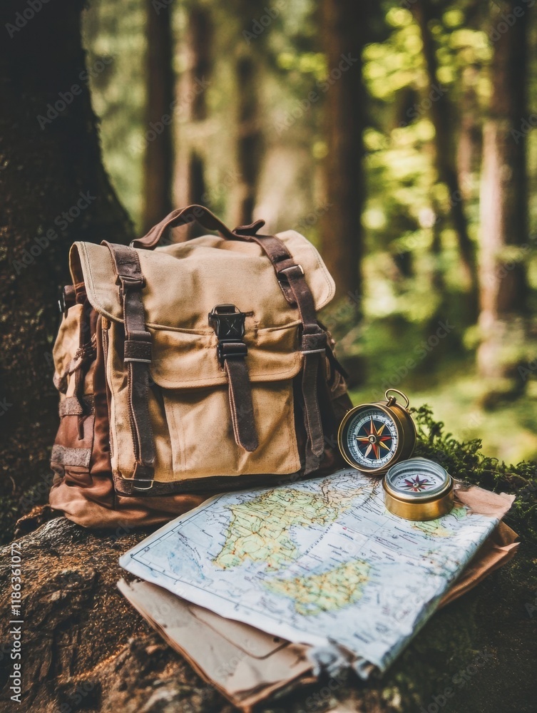 Poster explore the wilderness with a backpack, compass, and map in a tranquil forest setting perfect for ad