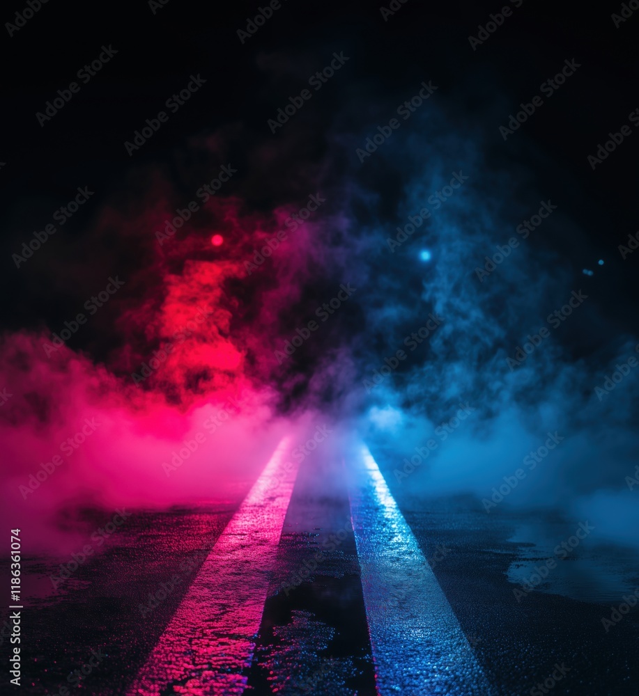 Poster mysterious foggy road illuminated by red and blue lights, creating an atmospheric scene with reflect