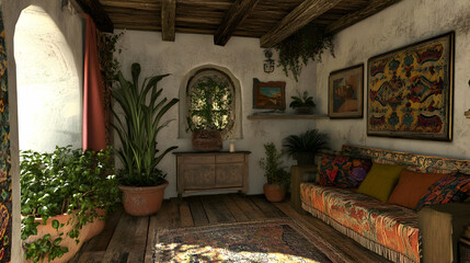 Stylish living area featuring Mediterranean design, vibrant plants and charming rustic details, creating a warm and inviting atmosphere