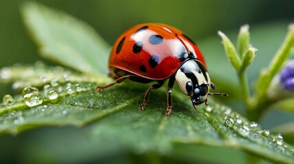 Fototapeta premium beautifull lady bug on leaves close up photo