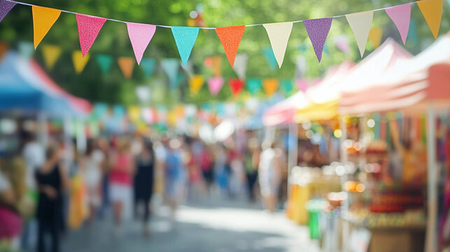 Colorful street festival with bunting flags and market stalls.
Summer fair background with blurred people and festive decorations