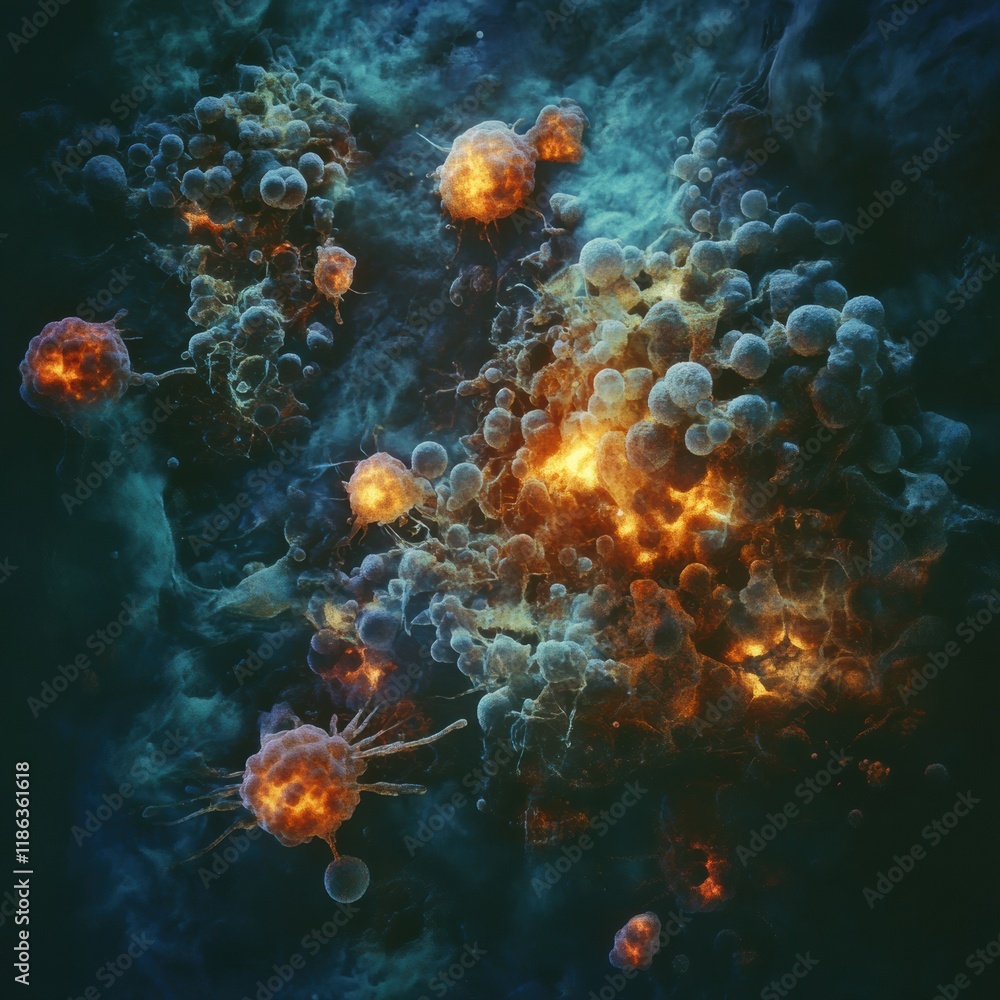 Aufkleber cancer cells with glowing edges demonstrate unique cellular interactions in a detailed microscopic v