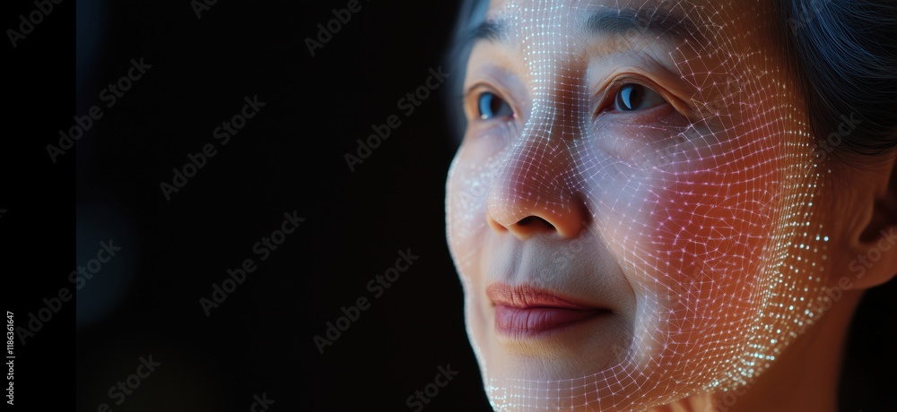 Poster digital facial mapping technology showcasing elderly woman's face with intricate grid pattern, highl