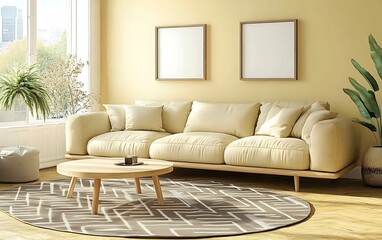 Modern beige sofa in sunny living room, city view