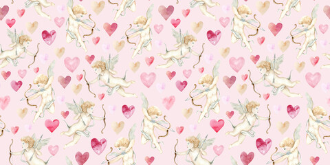 Romantic seamless watercolor watercolor pattern with arrows of cupid angels shooting arrows and delicate hearts in pastel colors. Perfect for Valentine's Day designs, gifts and cards.