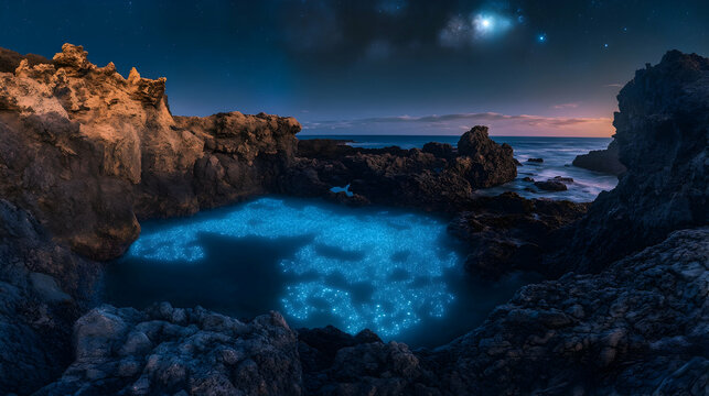 The soft glow of bioluminescent algae lighting up a shallow tide pool surrounded by rocky cliffs under a starry night sky