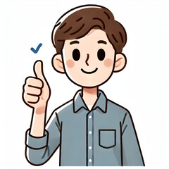 Obraz premium Digital illustration of a cheerful man giving a thumbs up, with a check mark symbolizing approval on a white background